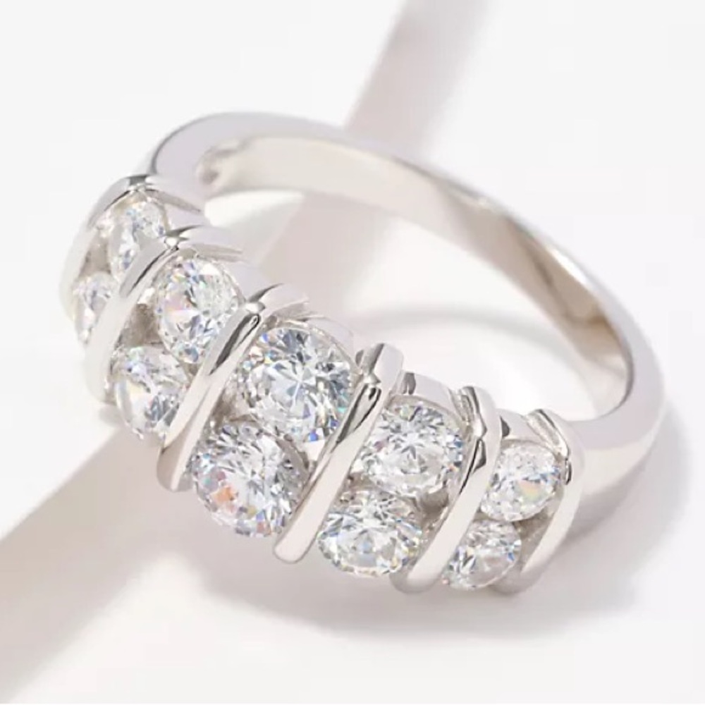 Diamonique Two Row Round Cut Band Ring, Sterling Silver - 6